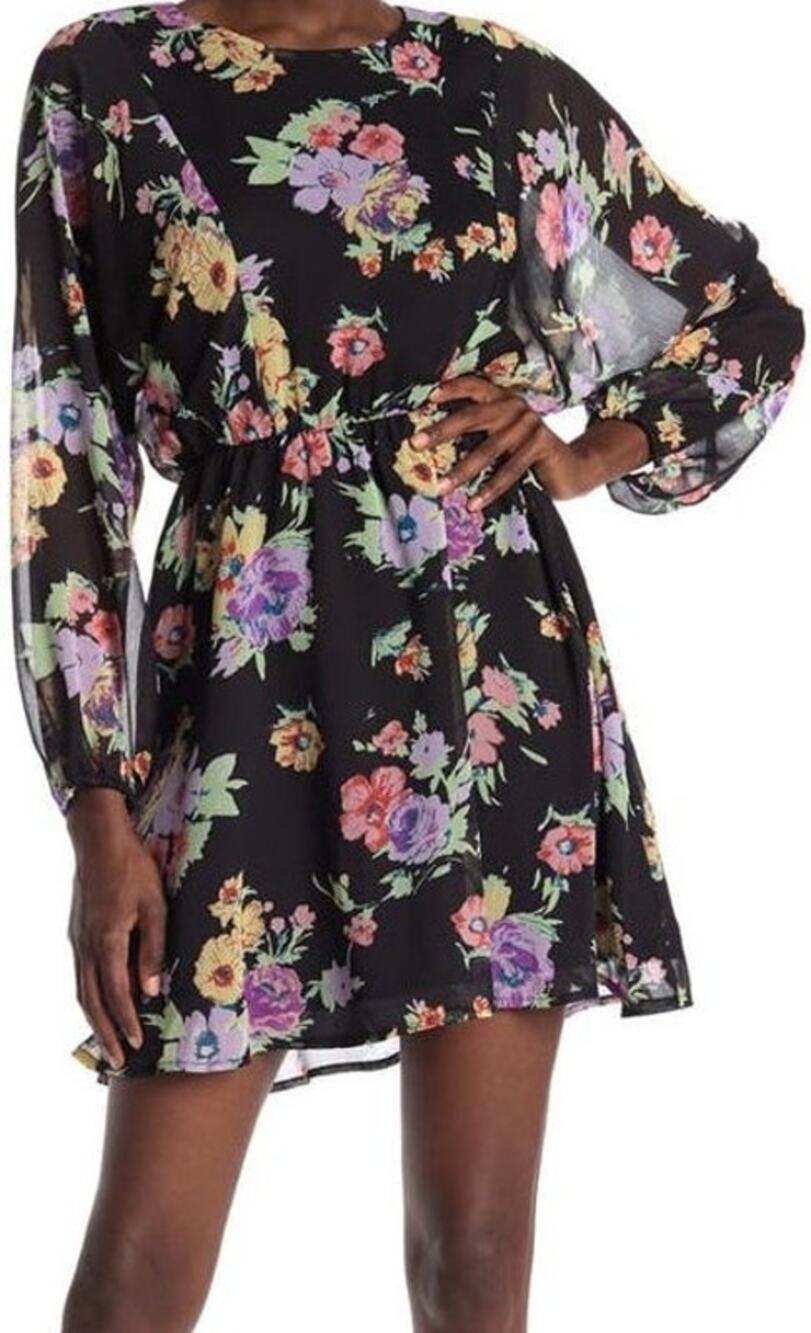 Wayf Dolman Long Sleeve Mini Dress Floral Cocktail Elastic Waist Black S NWOT